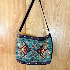 Made in India Large Turquoise / Tan Canvas Textile Patterned Bohemian Tote Bag